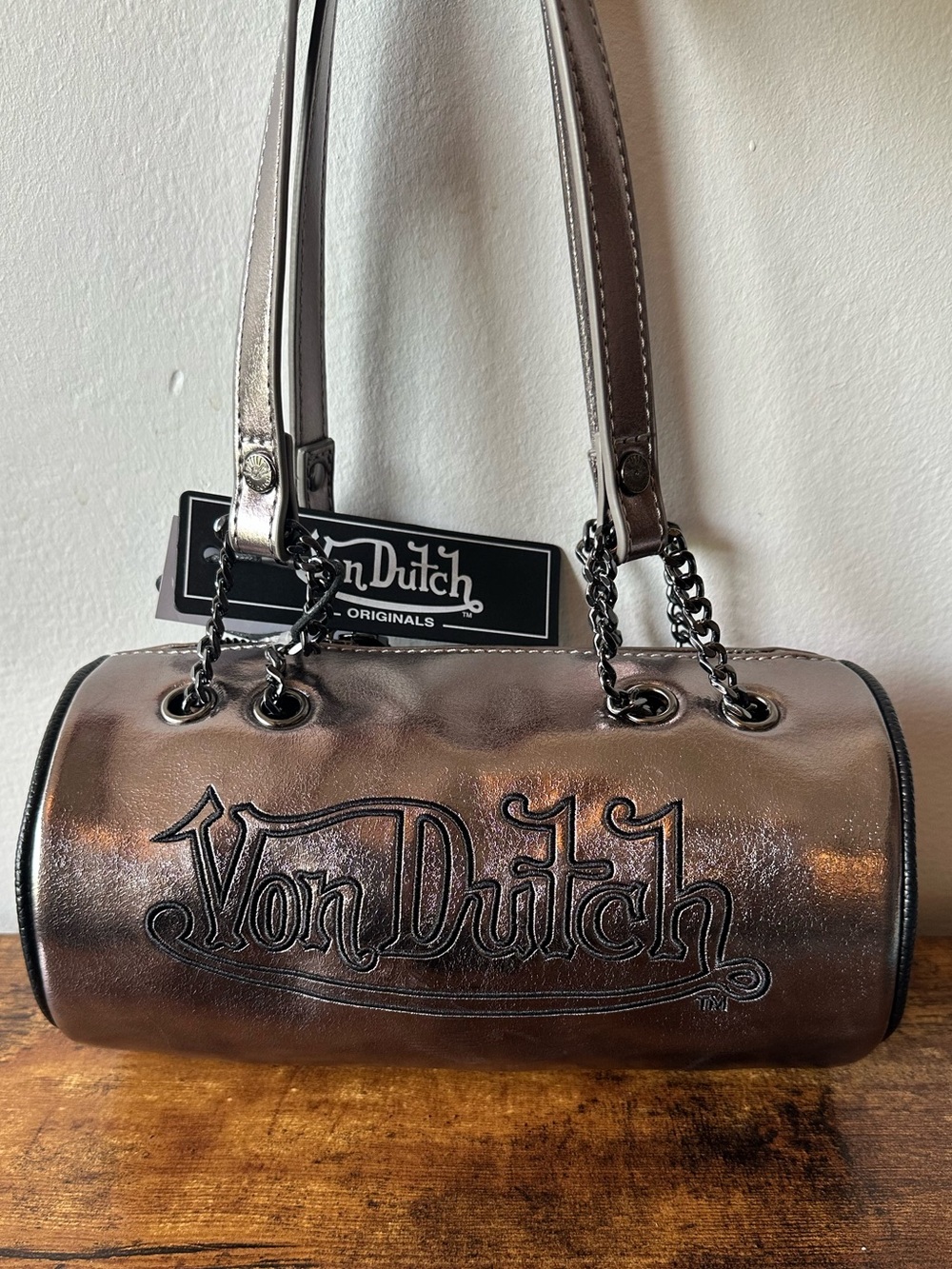 Von Dutch Metallic Barrel Shoulder Bag with Black Embroidered Logo, Chain NWT